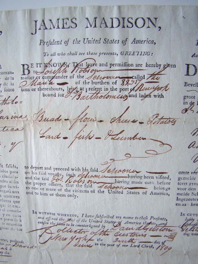 A Four Language Mediteranean Ship's Passport signed by President James Madison on June 10, 1809 — image 4